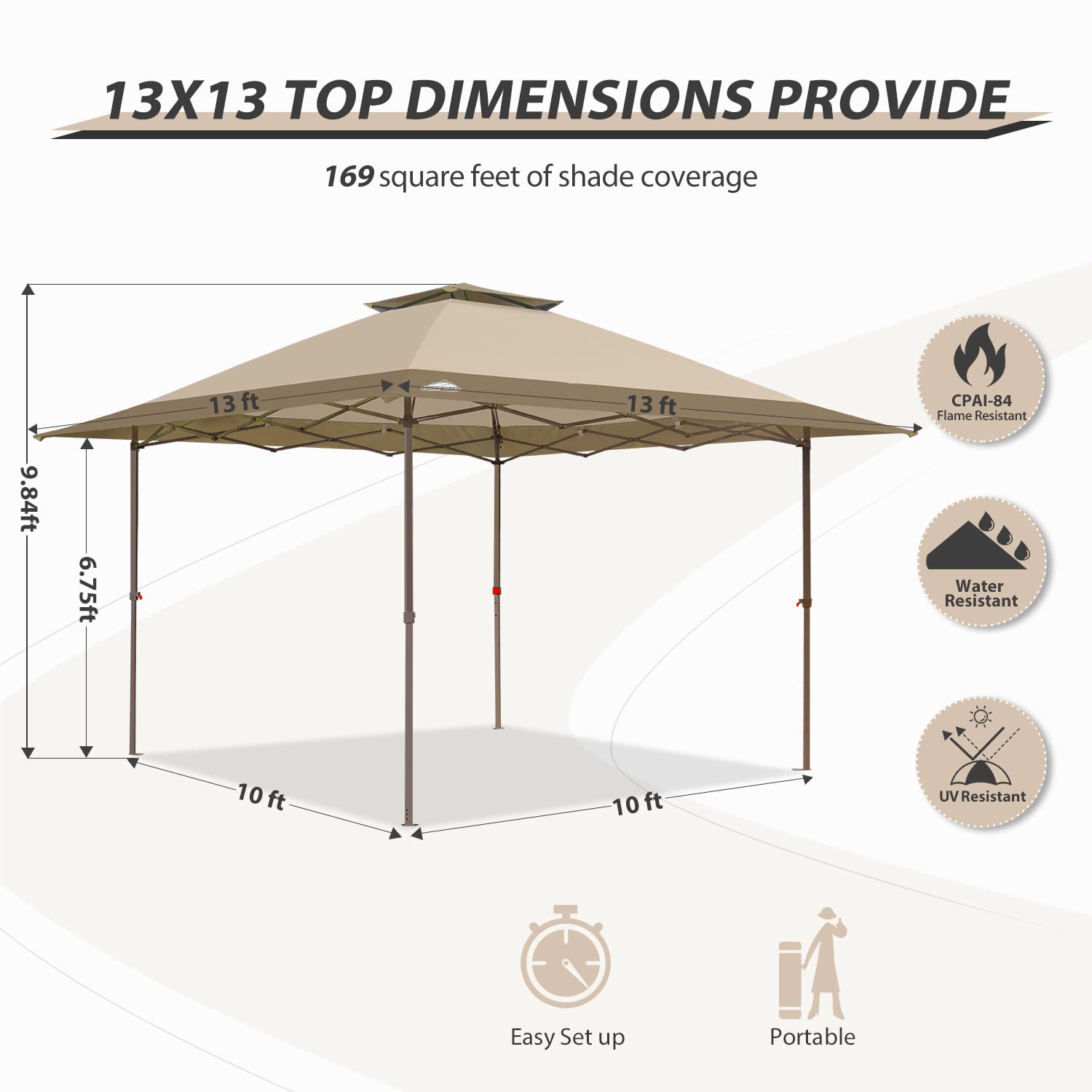 EAGLE PEAK 13x13 Straight Leg Pop Up Canopy Tent Instant Outdoor Canopy Easy Single Person Set-up Folding Shelter w/Auto Extending Eaves 169 Square Feet of Shade (Beige)