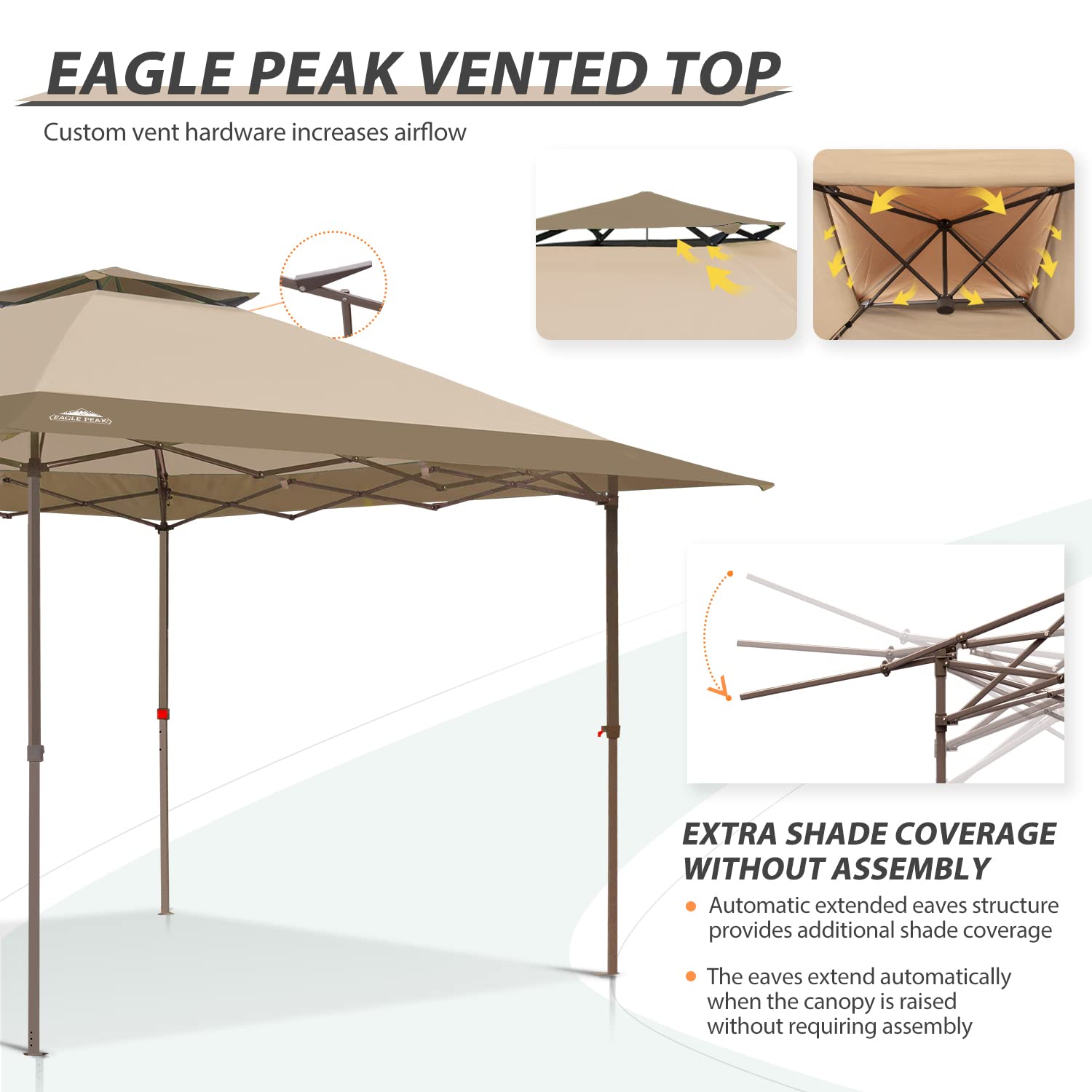 EAGLE PEAK 13x13 Straight Leg Pop Up Canopy Tent Instant Outdoor Canopy Easy Single Person Set-up Folding Shelter w/Auto Extending Eaves 169 Square Feet of Shade (Beige)