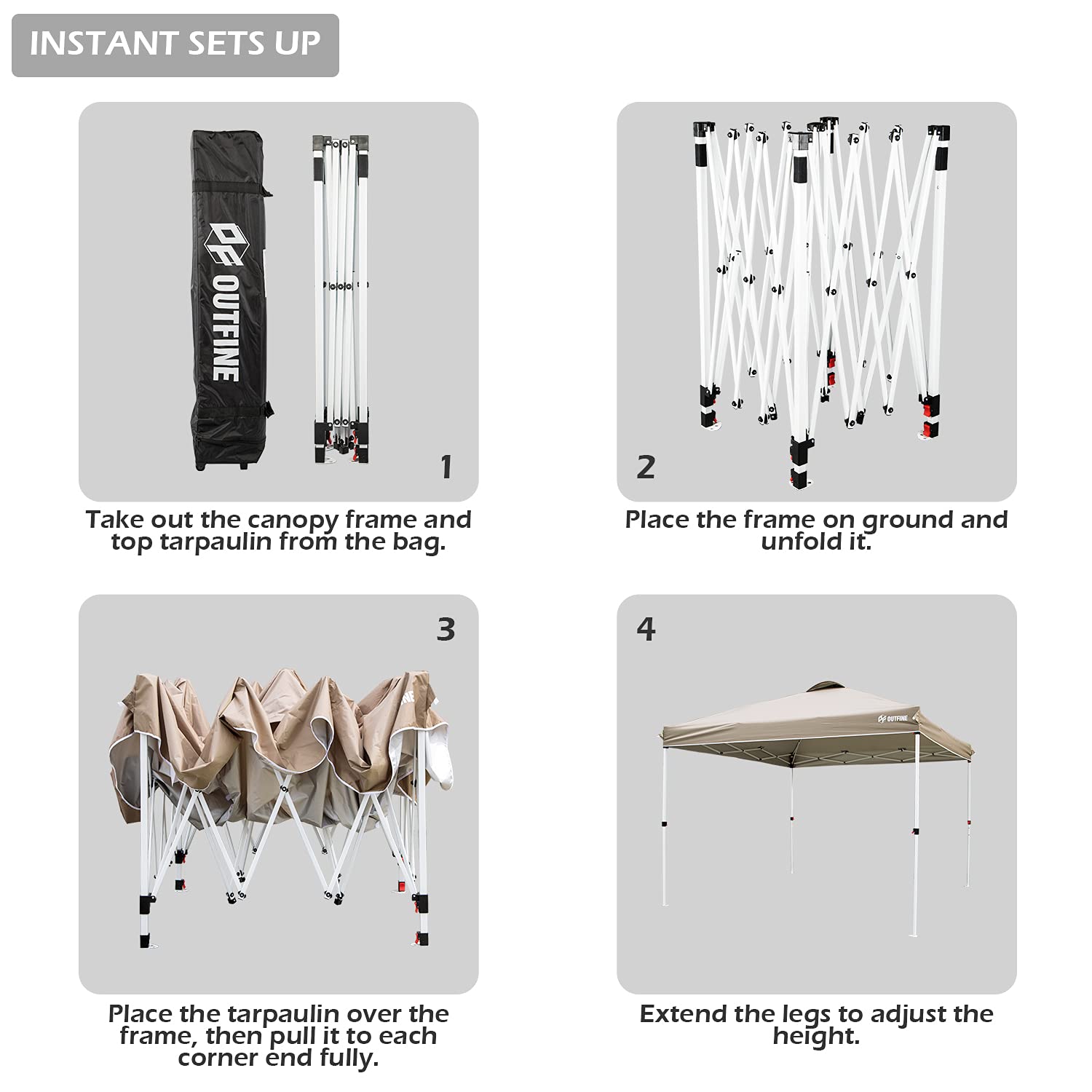 OUTFINE Pop-up Canopy 10x10 Patio Tent Instant Gazebo Canopy with Wheeled Bag,Canopy Sandbags x4,Tent Stakesx8 (khaki, 10 * 10FT)