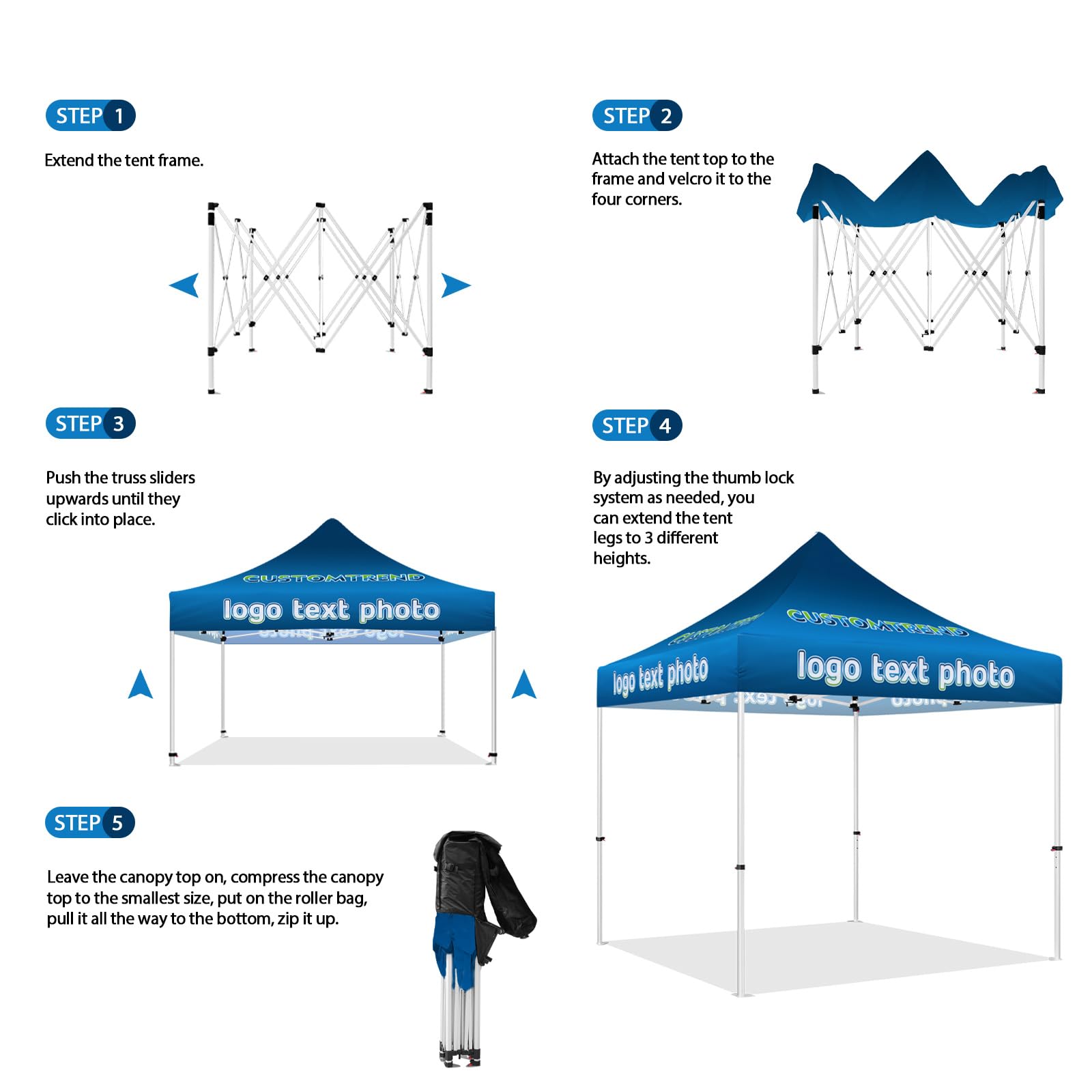 Custom Tents 10x20 with Logo, Custom Canopy Tent 10x20 with Logo, Personalized Pop Up Tent Canopy for Tradeshow Outdoor Events Advertising, Roller Bag Included (1 Full Wall + 2 Half Walls)