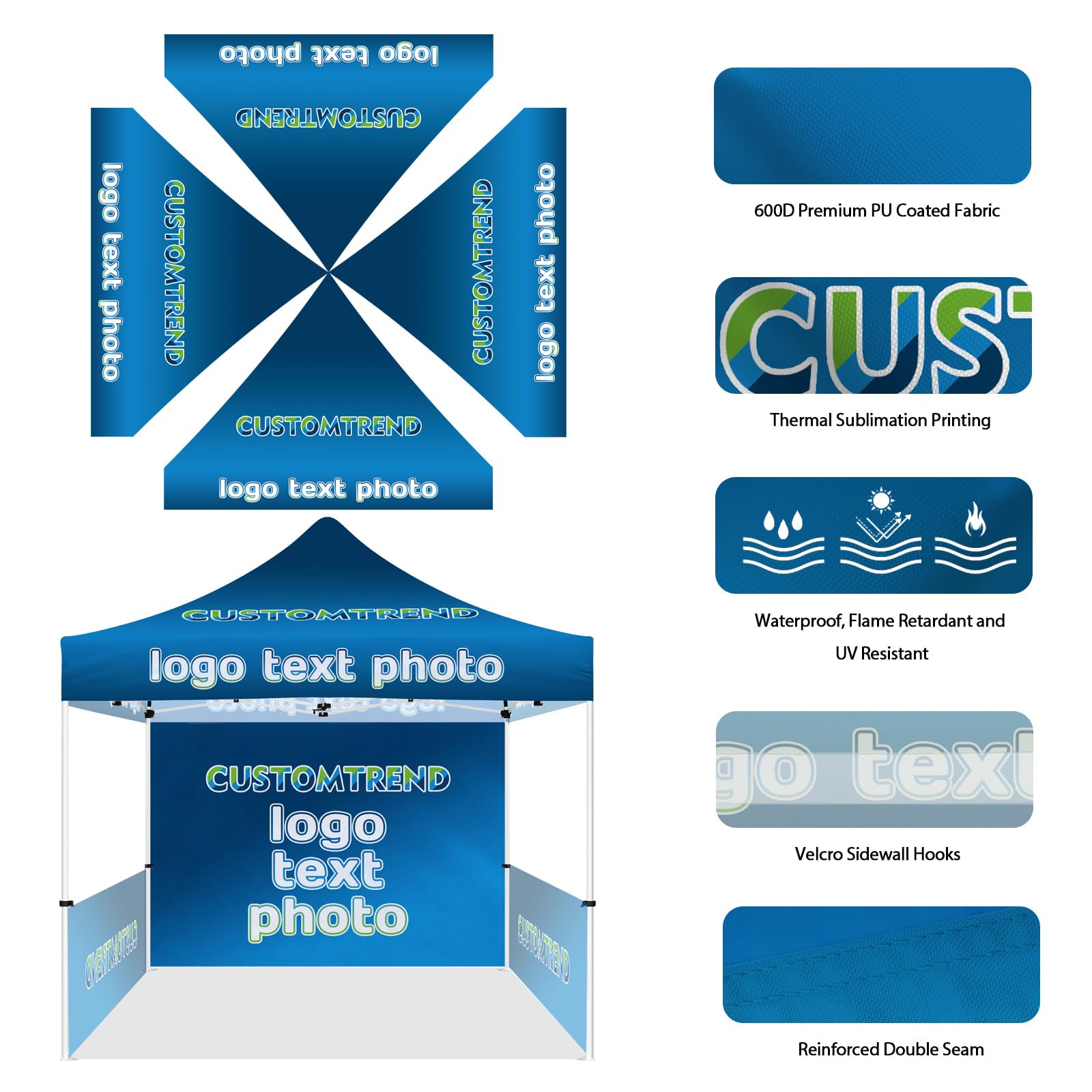 Custom Tents 10x20 with Logo, Custom Canopy Tent 10x20 with Logo, Personalized Pop Up Tent Canopy for Tradeshow Outdoor Events Advertising, Roller Bag Included (1 Full Wall + 2 Half Walls)