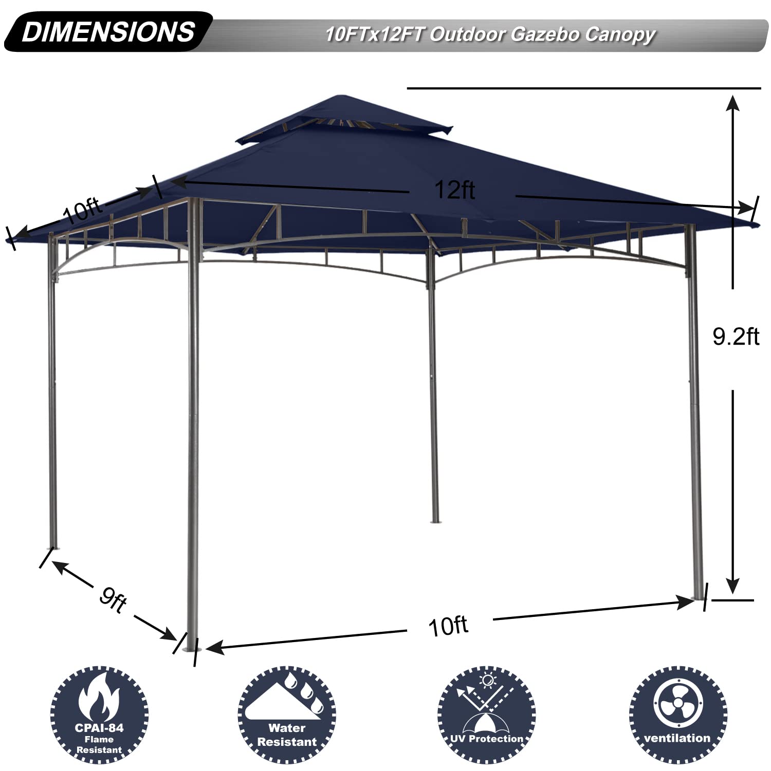 ABCCANOPY Gazebos for Patios 10x12 - Outdoor Steel Frame Gazebo for Lawn Backyard Garden Deck (Navy Blue)