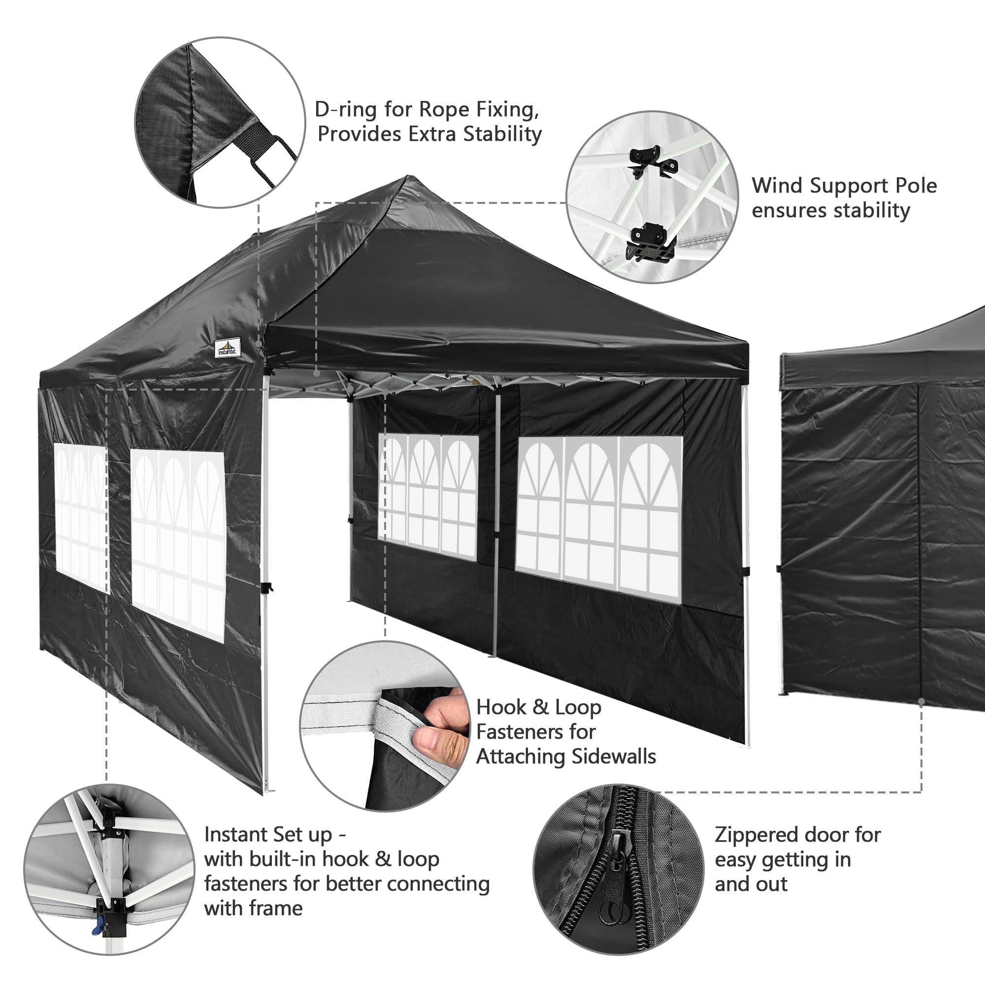 Instahibit 10x20 FT Pop Up Outdoor Canopy Wedding Party Tent Folding Enclosed Canopy with Sidewalls Carry Bag Black