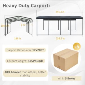 MUPATER Outdoor Carport, 12' x 20' Heavy Duty Canopy for Garage,Car Garage Shelter with Galvanized Metal Roof and Frame for Car, and Boat, Grey