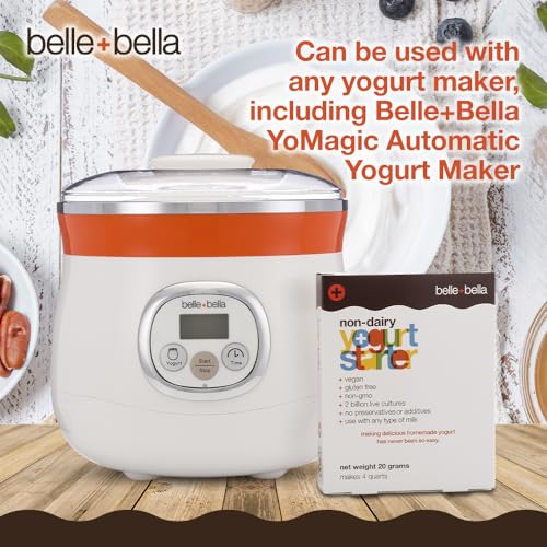 Belle + Bella Non-Dairy Vegan Yogurt Starter - Gluten Free, No Added Sugar, Non GMO - Makes 4 Quarts Vegan Yogurt - 2 Billion Live Cultures - Mix with Any Dairy Free or Dairy Milk - 1 Box