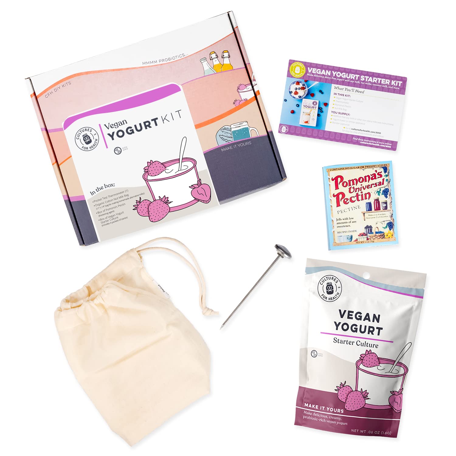 Cultures for Health Vegan Yogurt Starter Kit | 7 Piece DIY Kit Includes 4 Packets Dairy Free Yogurt Culture, Pectin Powder, Cooking Thermometer, & Cotton Nut Milk Bag | Make Yogurt w/Plant Based Milk