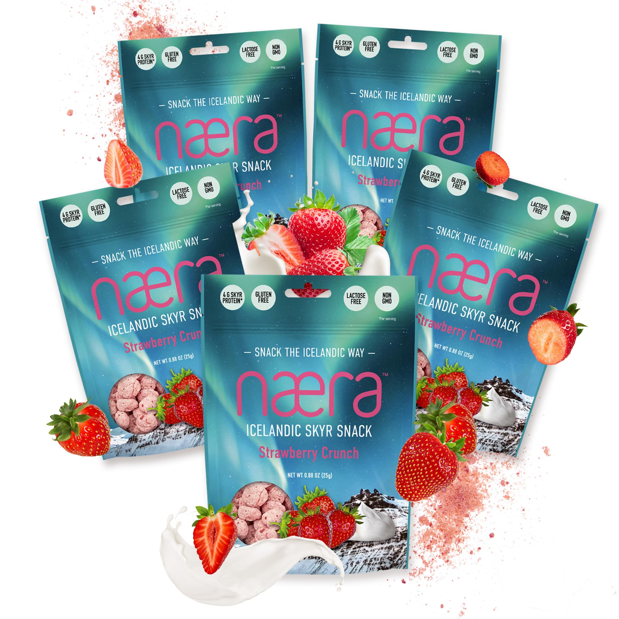 Næra Icelandic - 5-Pack Strawberry (Icelandic Skyr) Crunch Protein Snacks, GMO-Free, Gluten-Free Protein Snacks, Lactose-Free Individual Snacks, Snacks for Adults & Kids, (0.88 oz ea)