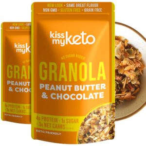 kiss my keto granola cereal – peanut butter chocolate keto granola low carb cereal (2g-net) low sugar granola (1g) – grain free granola keto cereal, gluten free granola – keto nut granola for yogurt 2pk