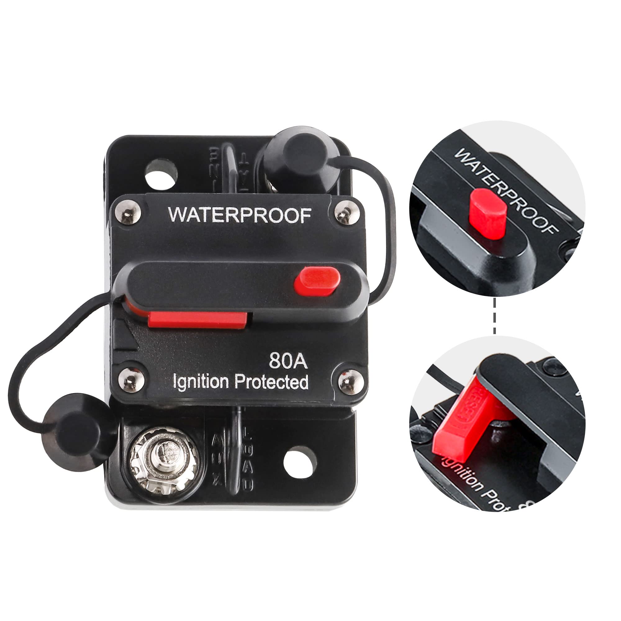 RED WOLF 80A Amp Circuit Breaker Fuse W/6 Gauge Battery Ring Terminal Connector for Trolling Motor Marine Boat ATV Yacht Car Stereo Audio Battery Solar System with Manual Reset Switcher Waterproof