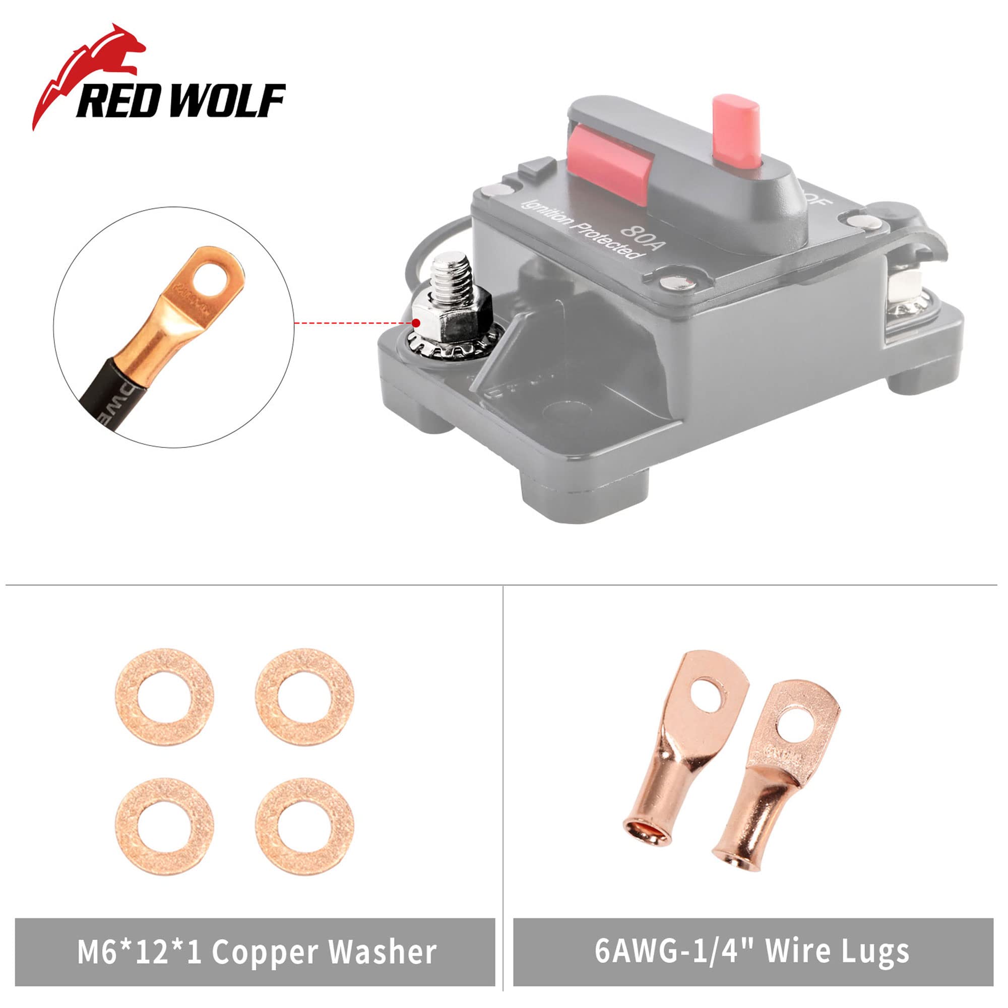 RED WOLF 80A Amp Circuit Breaker Fuse W/6 Gauge Battery Ring Terminal Connector for Trolling Motor Marine Boat ATV Yacht Car Stereo Audio Battery Solar System with Manual Reset Switcher Waterproof