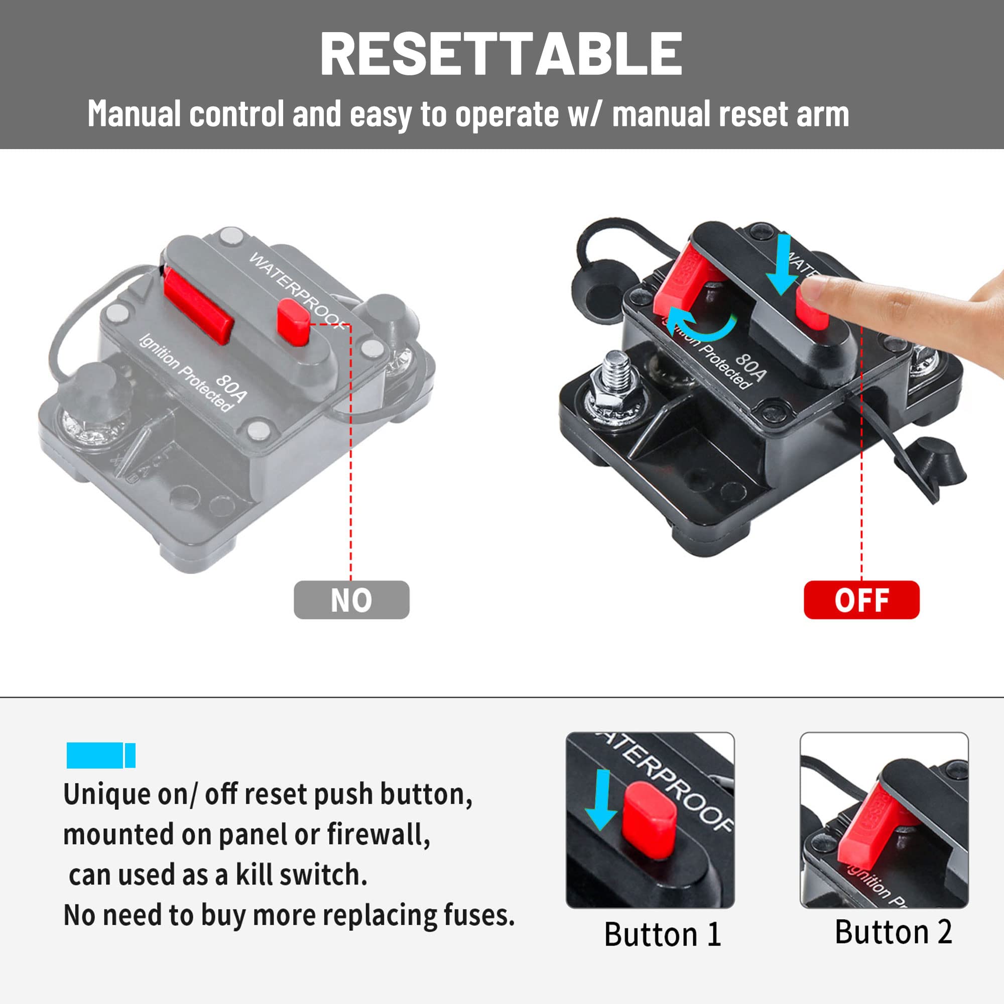 RED WOLF 80A Amp Circuit Breaker Fuse W/6 Gauge Battery Ring Terminal Connector for Trolling Motor Marine Boat ATV Yacht Car Stereo Audio Battery Solar System with Manual Reset Switcher Waterproof