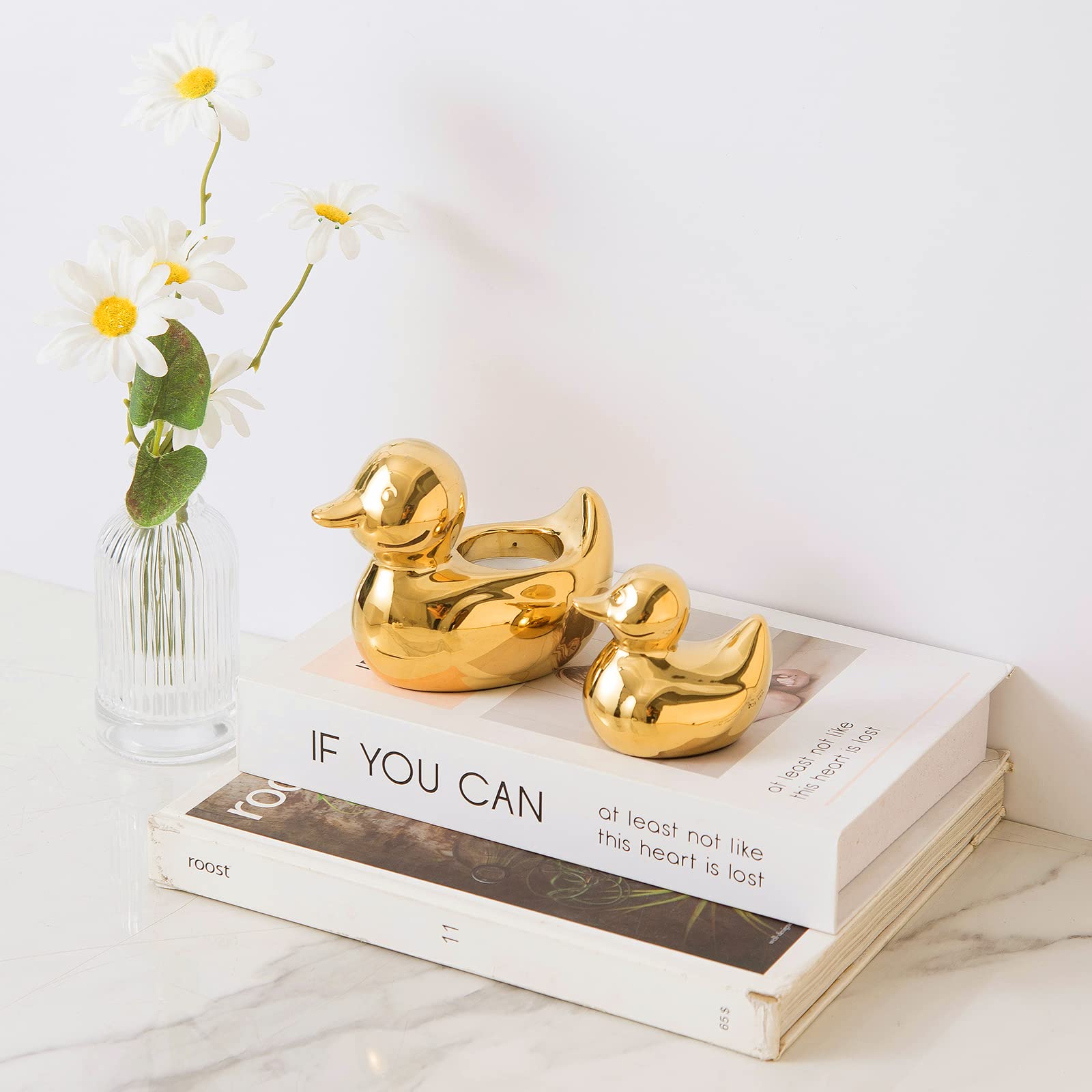 TQUPT Home Decor Golden Ceramic Duck Figurines, Home Decor Animal Sculptures and Statues Handmade Artware Decor, Mini Duck