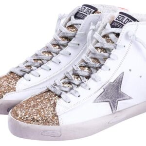 SATUKI Women's High Top Fashion Flat Sneakers Distressed Design Lace up Star Glitter Shoes (Gold, numeric_9)