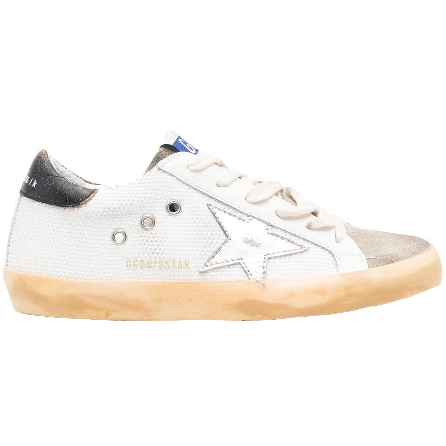 Golden Goose Super-Star Net Upper Suede Toe Leather Lacing and Heel Laminated Star Womens Distressed Sneakers-38 White