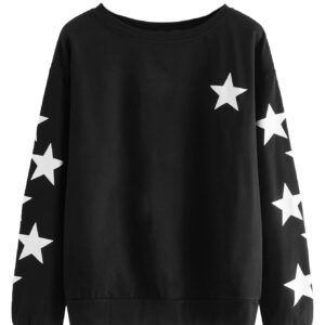 SweatyRocks Women's Long Sleeve Sweatshirt Star Graphic Print Pullover Shirt Top Black Large