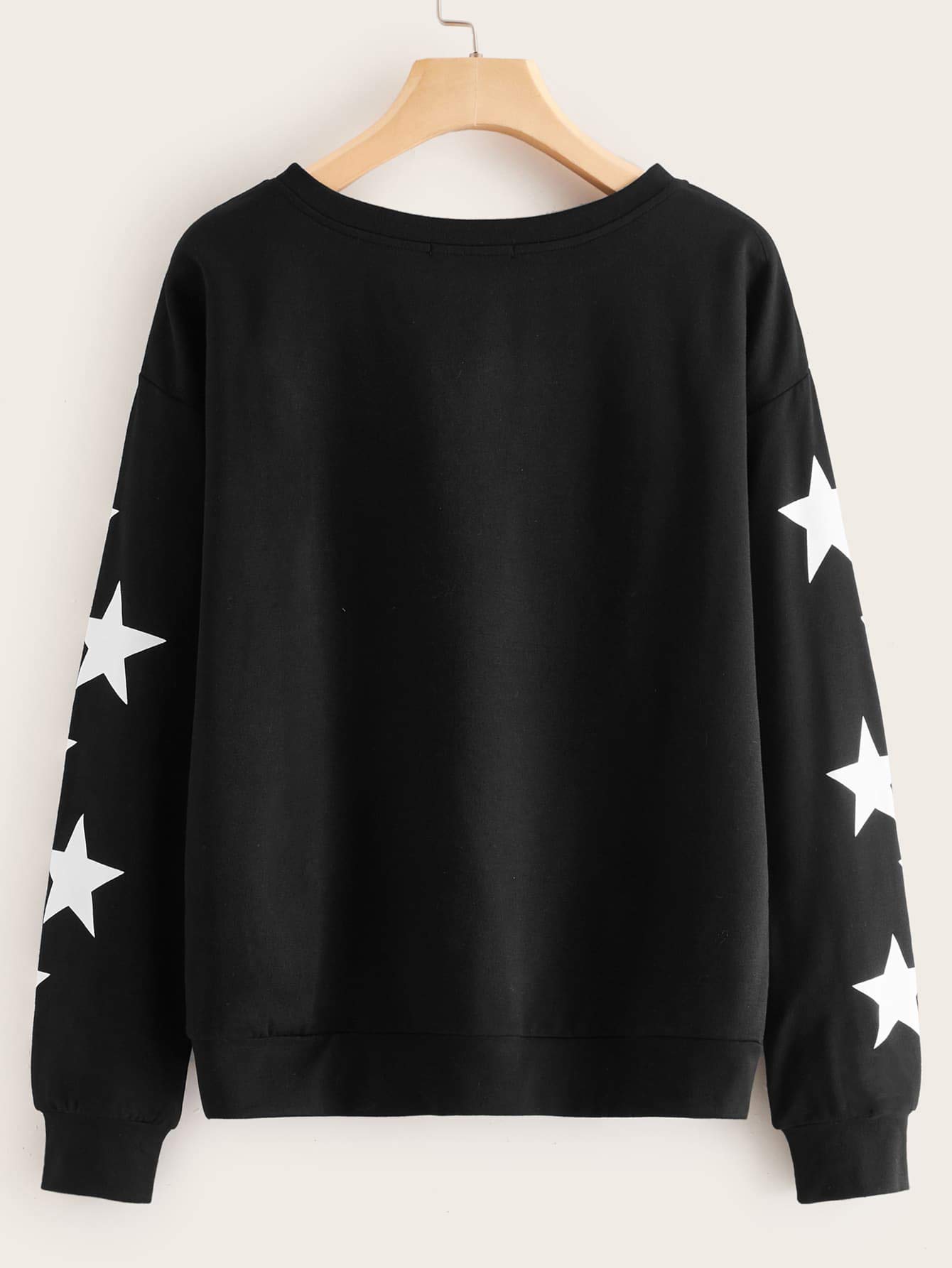 SweatyRocks Women's Long Sleeve Sweatshirt Star Graphic Print Pullover Shirt Top Black Large