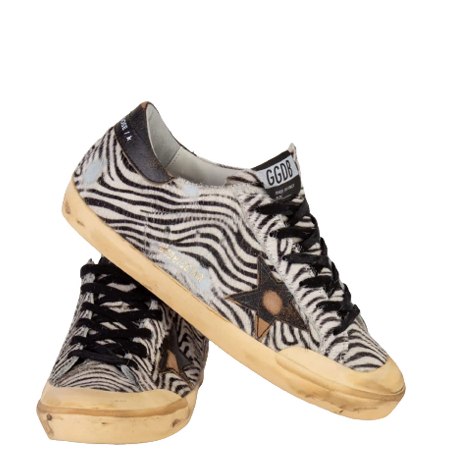 Golden Goose Super-Star Penstar Minizebra Horsy Upper Leather Star and Heel Womens Distressed Sneaker - 38 Black