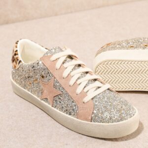 Mi.iM Skylar Rubber Sole Lace-up Glitter Suede Leather Star Sneakers (8, Light Gold)