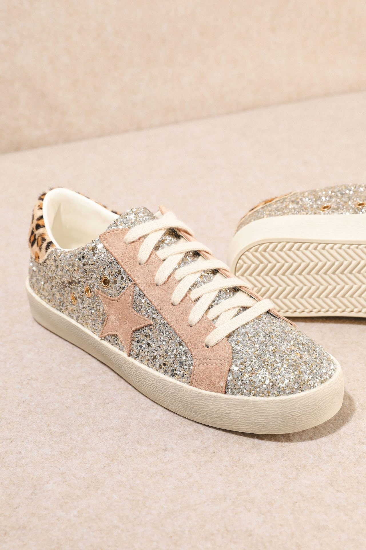 Mi.iM Skylar Rubber Sole Lace-up Glitter Suede Leather Star Sneakers (8, Light Gold)