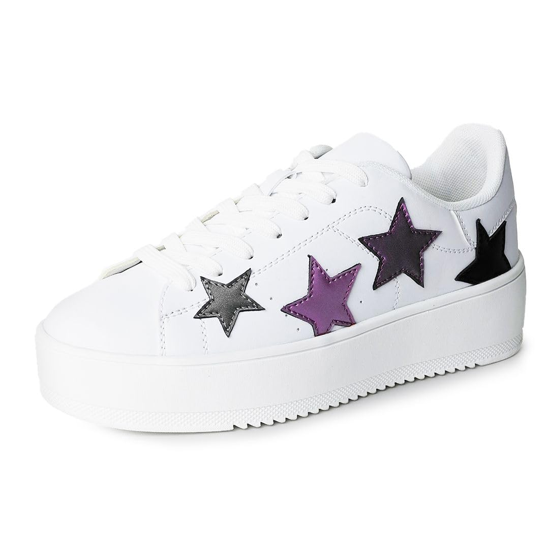 J. Adams Hero Platform Sneakers for Women - Casual Lace Up Fashion Tennis Shoes - White Multi Star - 9