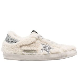 golden goose super-star shearling upper glitter star and heel womens distressed sneaker-38 white