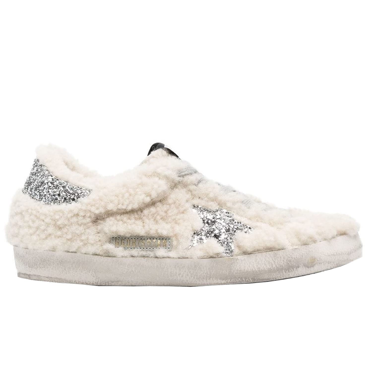 Golden Goose Super-Star Shearling Upper Glitter Star and Heel Womens Distressed Sneaker-38 White