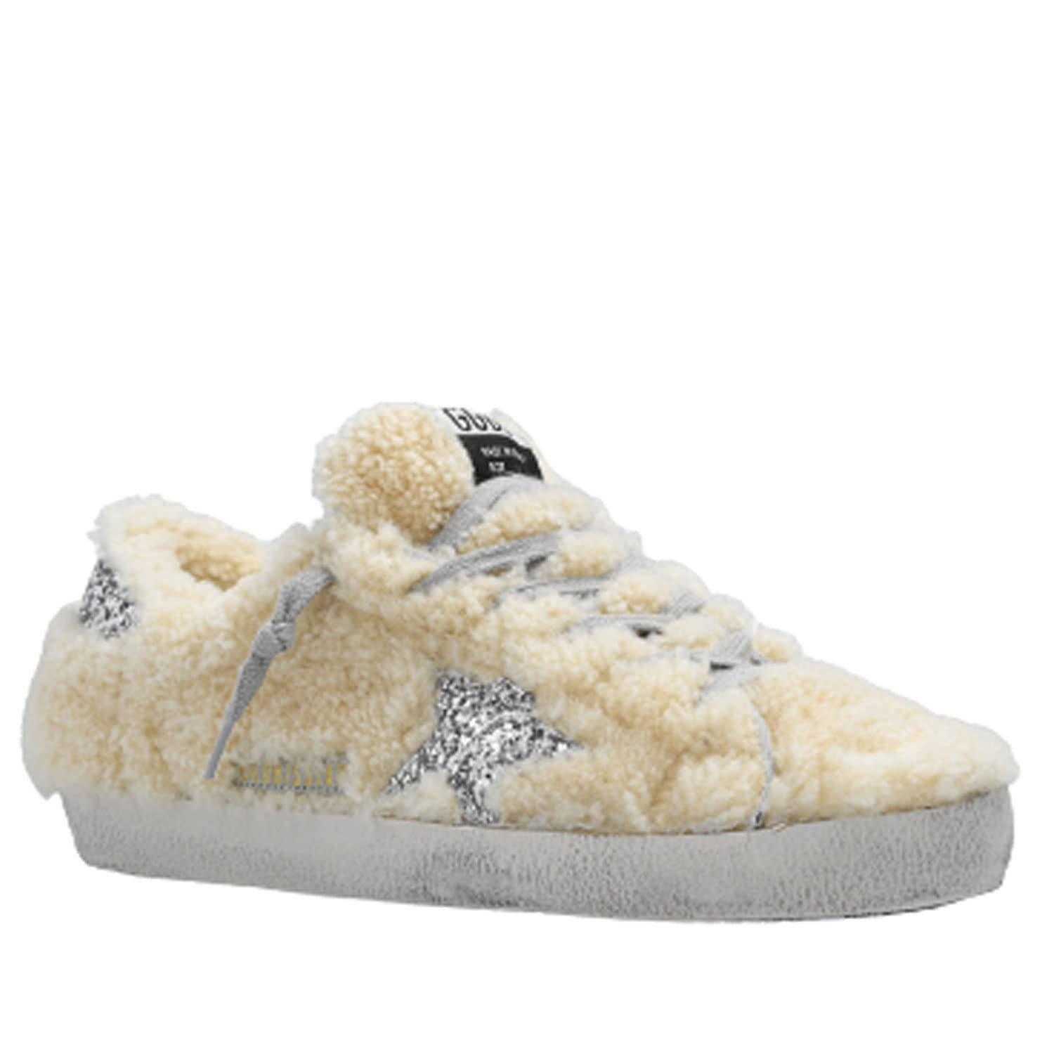 Golden Goose Super-Star Shearling Upper Glitter Star and Heel Womens Distressed Sneaker-38 White