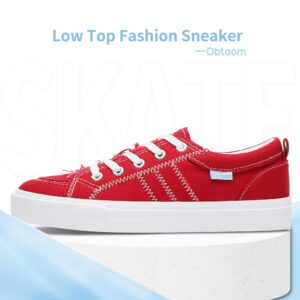 Obtaom Women Red Canvas Fashion Sneakers Cute Lace up Canvas Shoes Low Top washed Canvas Flat for lady(Red,US10)