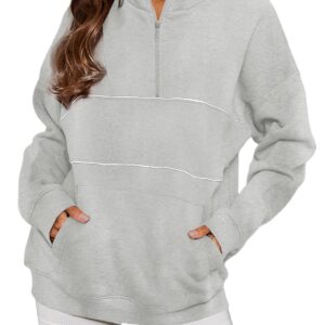 BLENCOT Womens Oversized Quarter Zip Contrast Stitch Pullover Sweatshirt Loose Up Drop Shoulder Winter Y2K Tops Gray XL