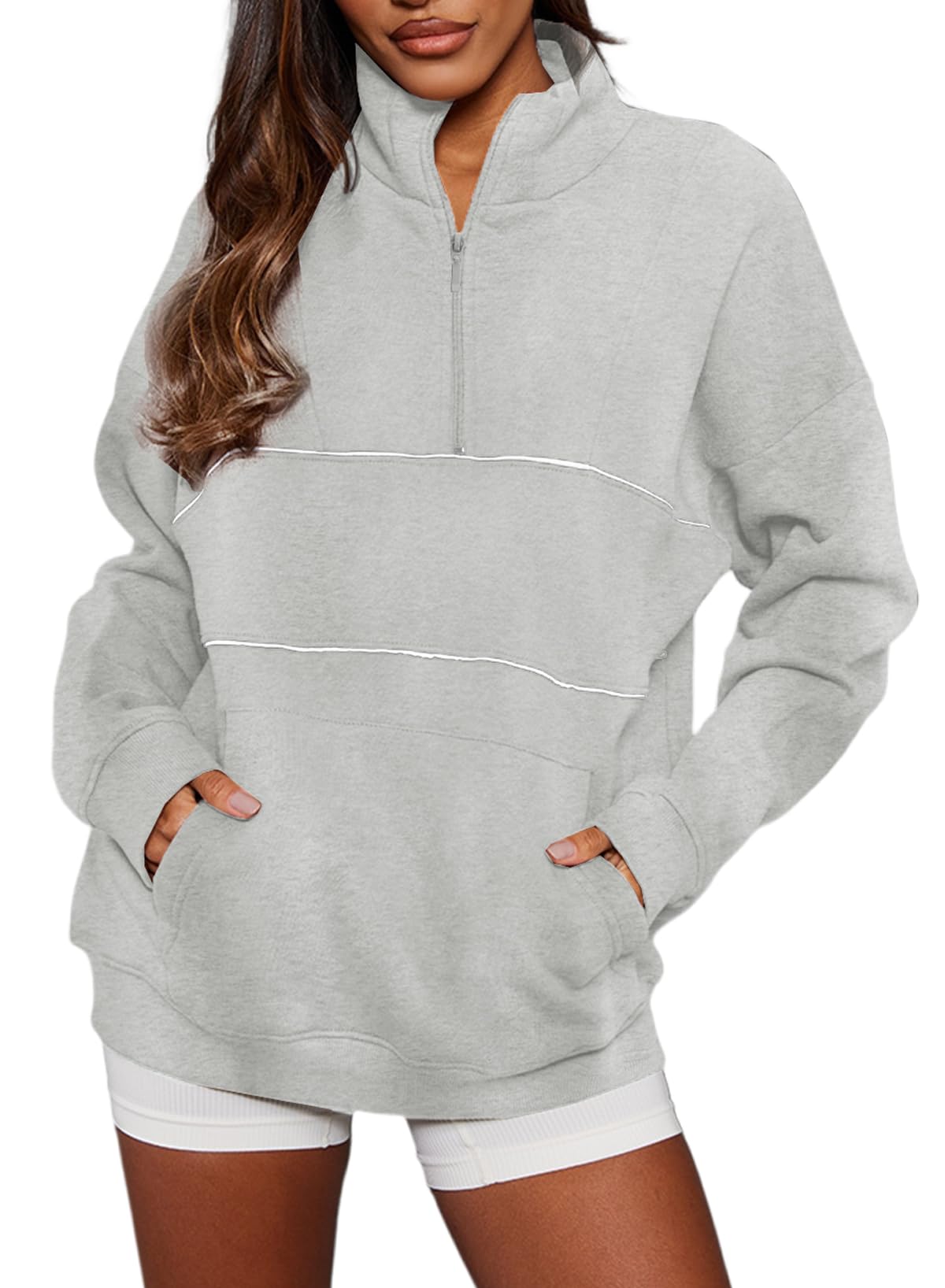 BLENCOT Womens Oversized Quarter Zip Contrast Stitch Pullover Sweatshirt Loose Up Drop Shoulder Winter Y2K Tops Gray XL