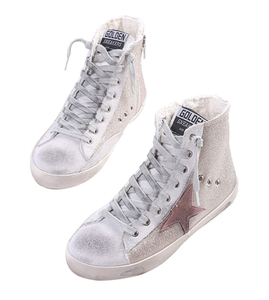 SATUKI Women's Distressed Design Lace up Star Glitter Shoes High Top Fashion Flat Sneakers (Gold, numeric_8)