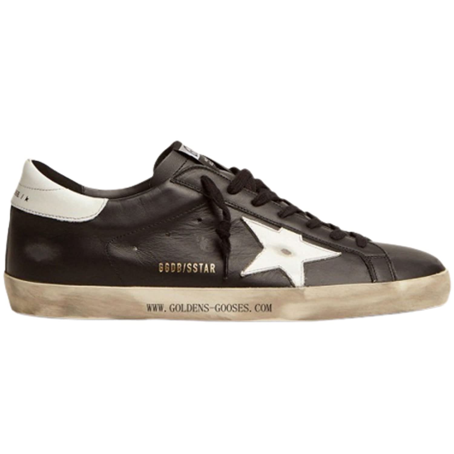 Golden Goose Super-Star Leather Upper Shiny Leather Star and Heel Mens Distressed Sneaker - 41 Black