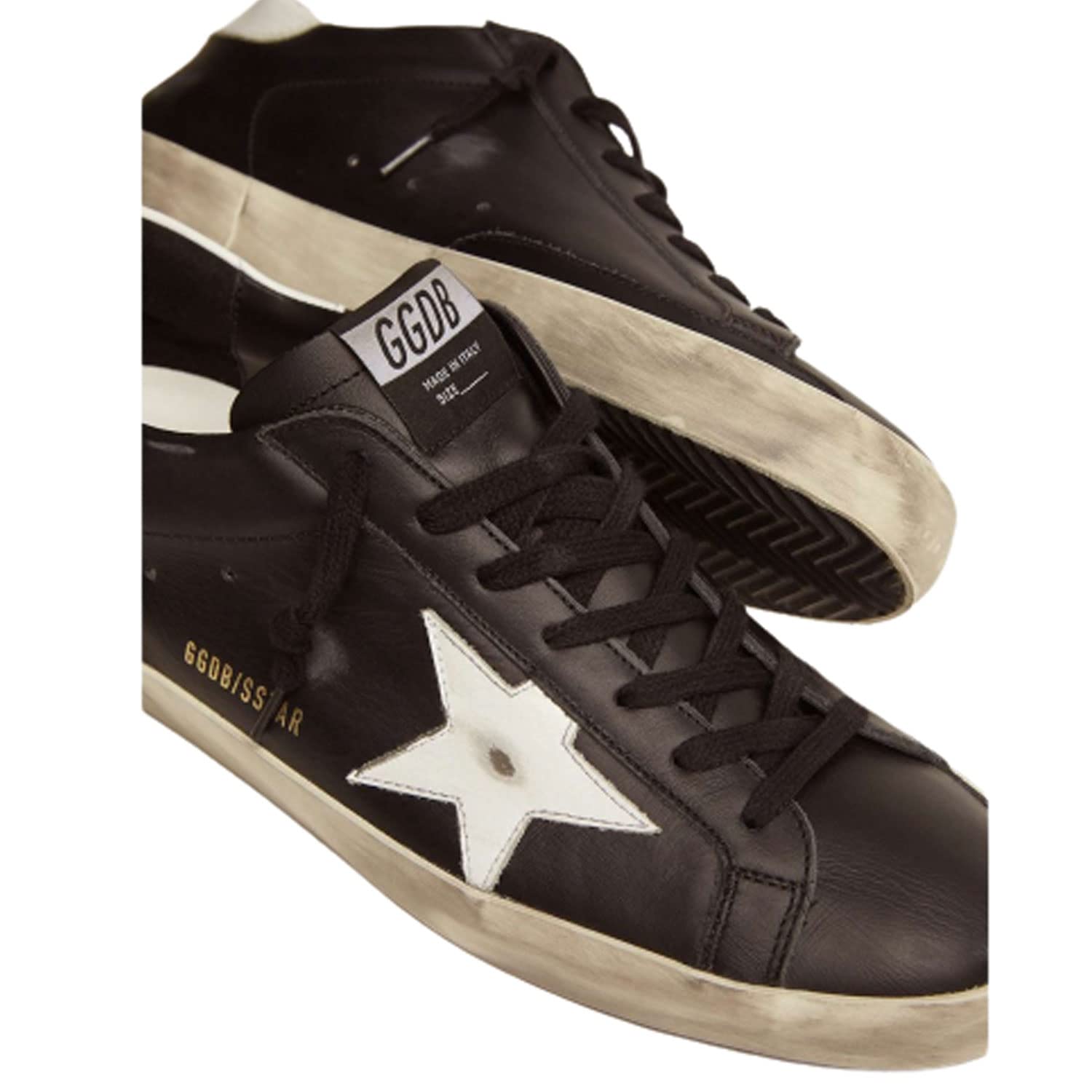 Golden Goose Super-Star Leather Upper Shiny Leather Star and Heel Mens Distressed Sneaker - 41 Black