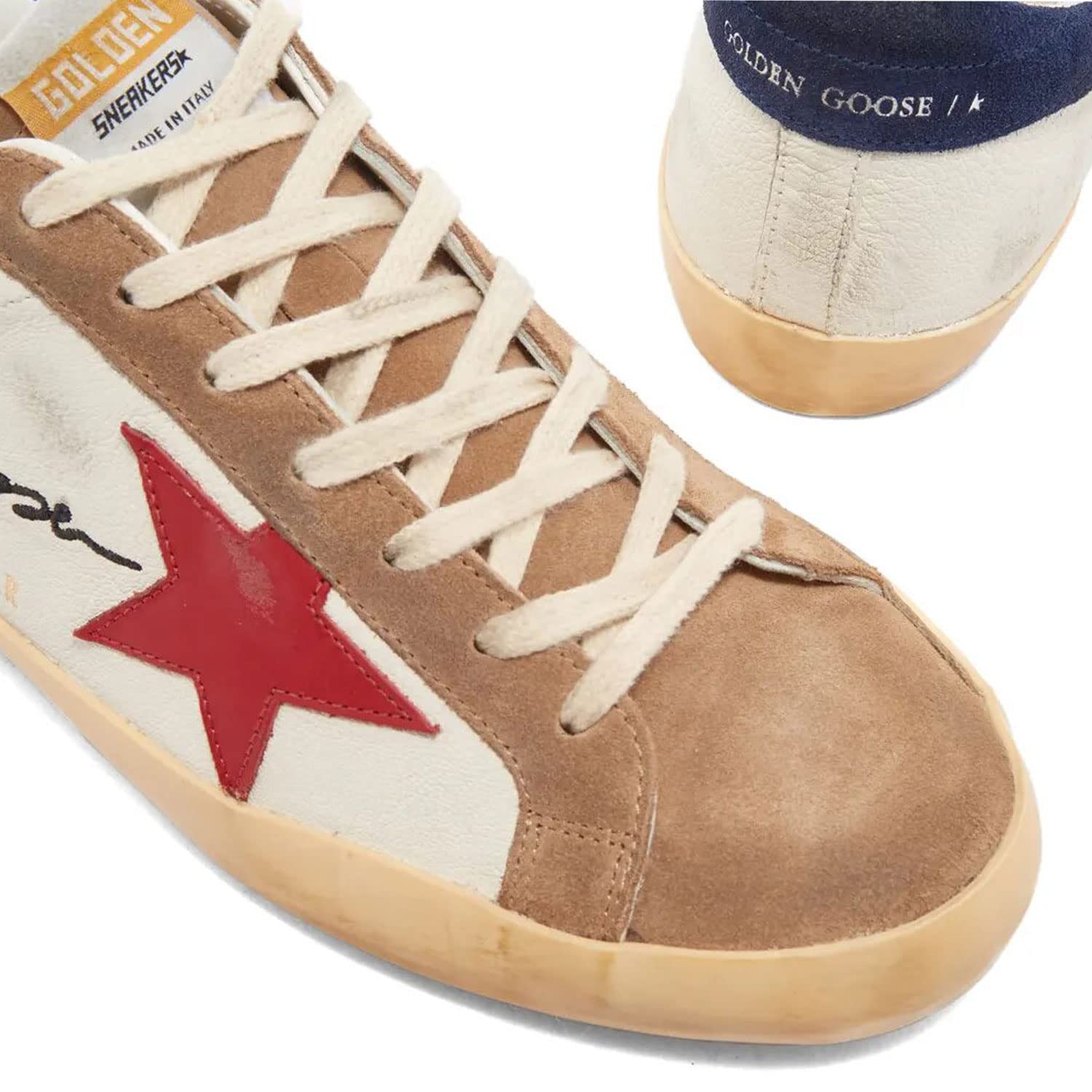 Golden Goose Super-Star Leather Upper with Signature Embroidery Leather Star Suede Heel Mens Distressed Sneakers - 40 White