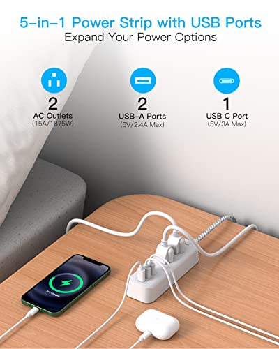 Cruise Essentials, USB C Travel Power Strip, Flat Plug Power Strip with 2 Outlets 3 USB Ports (1 USB C), 5ft Extension Cord Charging Station, Non Surge Protector for Cruise Ship, Travel, Home