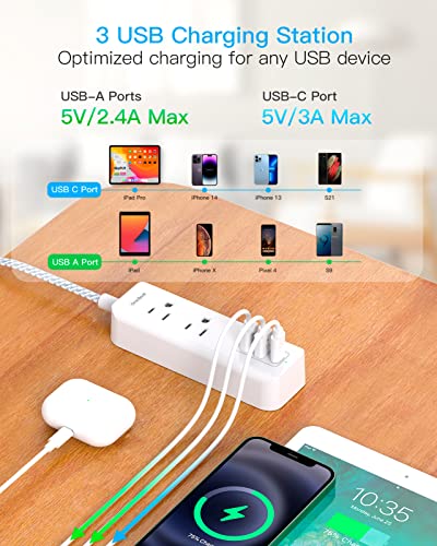 Cruise Essentials, USB C Travel Power Strip, Flat Plug Power Strip with 2 Outlets 3 USB Ports (1 USB C), 5ft Extension Cord Charging Station, Non Surge Protector for Cruise Ship, Travel, Home