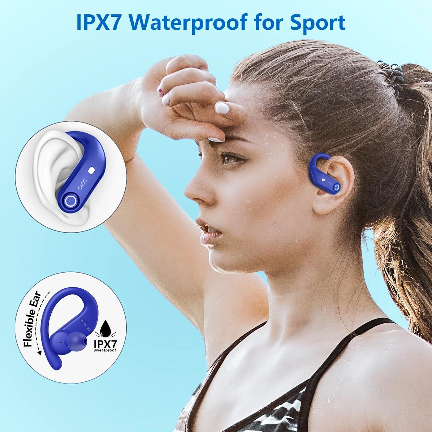 Wireless Earbuds Bluetooth Headphones 130H Playback 4-Mic HD Call IP7 Waterproof Ear Buds in Ear Sport LED Display Earphones with Earhooks for Running Workout Gym Phone Laptop TV Computer (Blue)