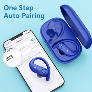 Wireless Earbuds Bluetooth Headphones 130H Playback 4-Mic HD Call IP7 Waterproof Ear Buds in Ear Sport LED Display Earphones with Earhooks for Running Workout Gym Phone Laptop TV Computer (Blue)