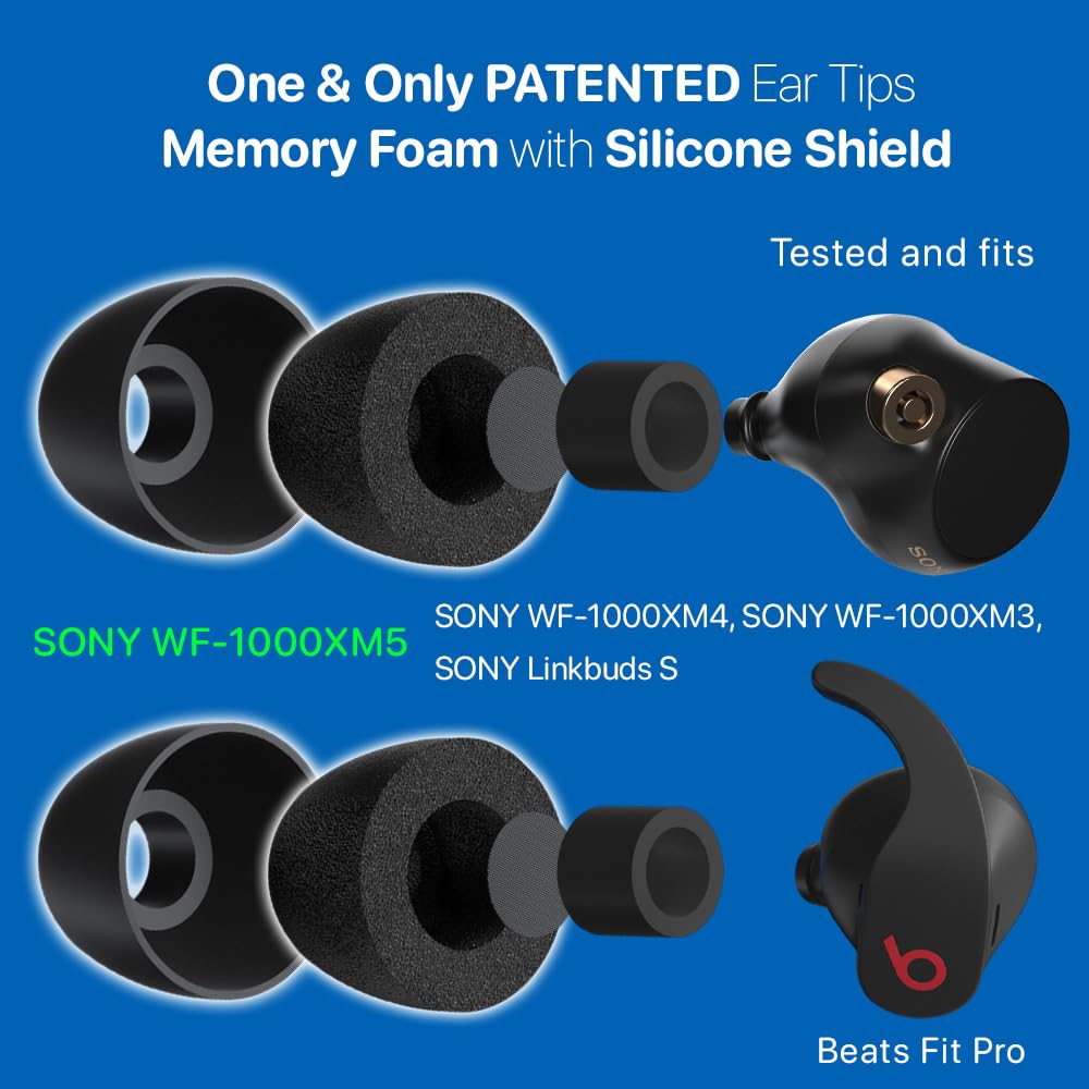 AirFoams Pro Universal Memory Foam Ear Tips w/Silicone Shield Patented for Sony WF-1000XM5, WF-1000XM4, Beat Fit Pro, Beats Studio Buds Plus, Beats Flex. Replacement. Kickstarter. (SML)