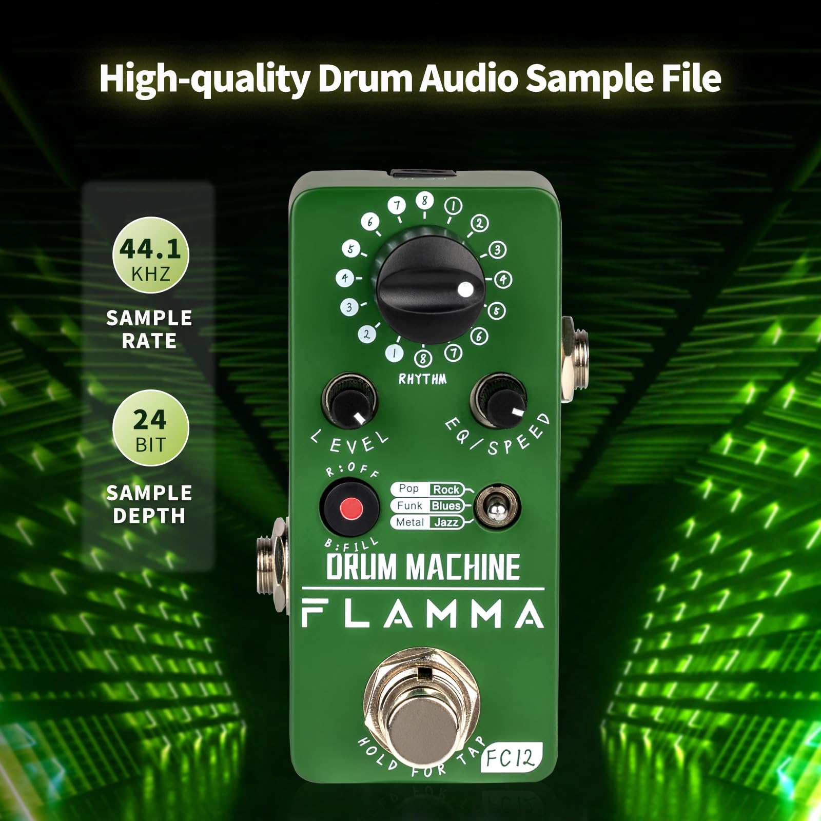 FLAMMA FC12 Drum Machine Guitar Pedal Drum Pedal with Real-Time FILL Function, Guitar Effect Pedal with 48 Drum Grooves 6 Music Styles & Tap Tempo EQ Presets, 44.1kHz/24Bit Mini Pedal