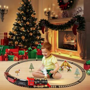 Hot Bee Train Set - Train Toys for Boys w/Smokes, Lights & Sound, Toy Train w/Steam Locomotive, Train Carriages & Tracks, Toddler Model Trains for 3 4 5 6 7 8+ Years Old Kids Birthday Gifts