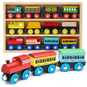 Wooden Train Set 12 PCS - Train Toys Magnetic Set Includes 3 Engines - Toy Train Sets For Kids Toddler Boys And Girls - Compatible With All Major Brands - Original - By Play22