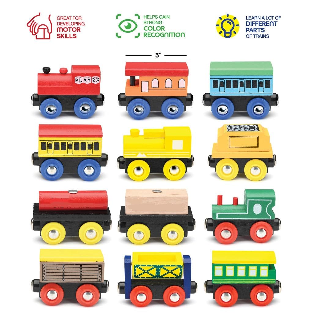 Wooden Train Set 12 PCS - Train Toys Magnetic Set Includes 3 Engines - Toy Train Sets For Kids Toddler Boys And Girls - Compatible With All Major Brands - Original - By Play22