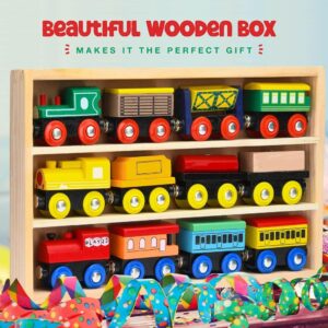 Wooden Train Set 12 PCS - Train Toys Magnetic Set Includes 3 Engines - Toy Train Sets For Kids Toddler Boys And Girls - Compatible With All Major Brands - Original - By Play22