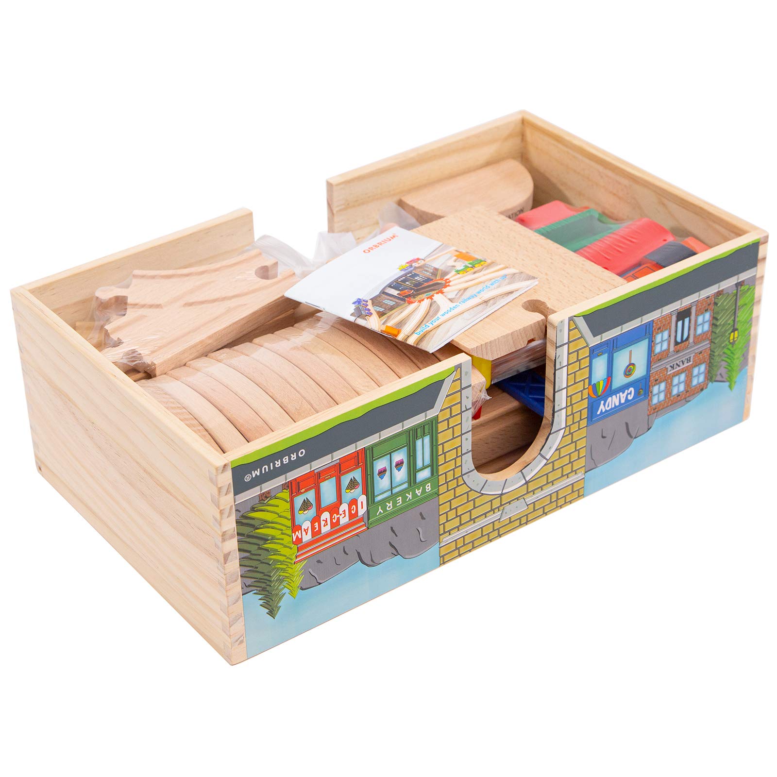 ORBRIUM 52 Pcs Deluxe Wooden Train Set with wooden Storage Box Tunnel compatible with Thomas, Brio, Melissa (Wooden Box - 52 Pcs Train Set)