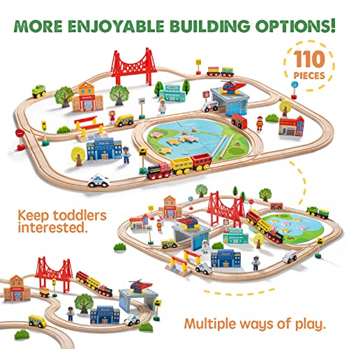 Tiny Land Train Set 110pcs Wooden Train Set, Toy Train for Boys & Girls with Wooden Train Track, Wooden Toys for 3-7 Years Old Toddlers & Kids, Railway Set Christmas Toys for Kids