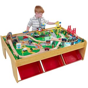 kidkraft 17850 waterfall mountain wooden train set & table with 120 pieces, 3 storage bins