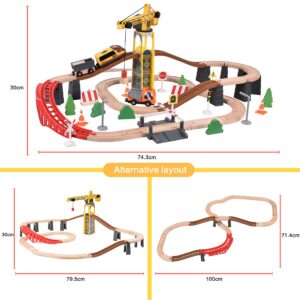 Giant bean 72PCS Tower Crane Wooden Train Set, Toy Battery Operated Train Track for Boys and Girls 3-7, Fit Thomas The Train, Brio, Melissa & Doug