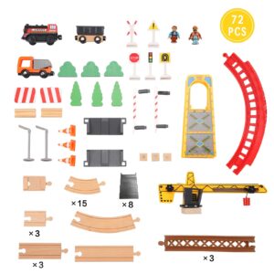 Giant bean 72PCS Tower Crane Wooden Train Set, Toy Battery Operated Train Track for Boys and Girls 3-7, Fit Thomas The Train, Brio, Melissa & Doug