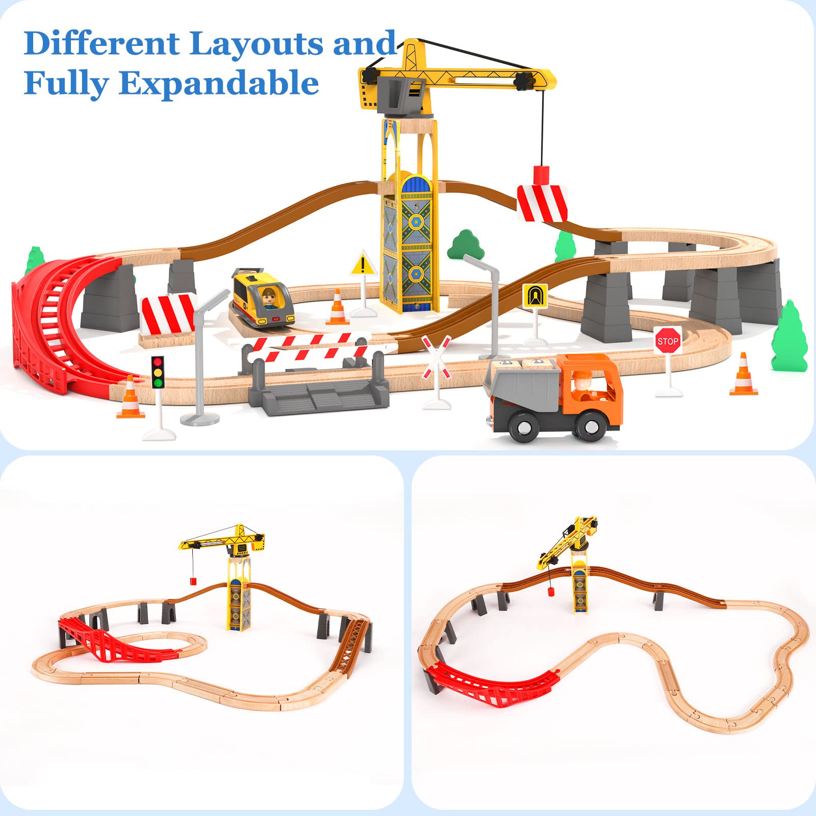 Giant bean 72PCS Tower Crane Wooden Train Set, Toy Battery Operated Train Track for Boys and Girls 3-7, Fit Thomas The Train, Brio, Melissa & Doug